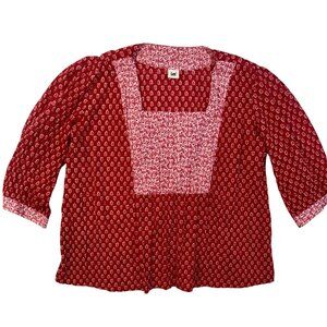 Lee Womens 3XL Red & White Prairie Dainty Print Blouse Square Neck & 3/4 Sleeves
